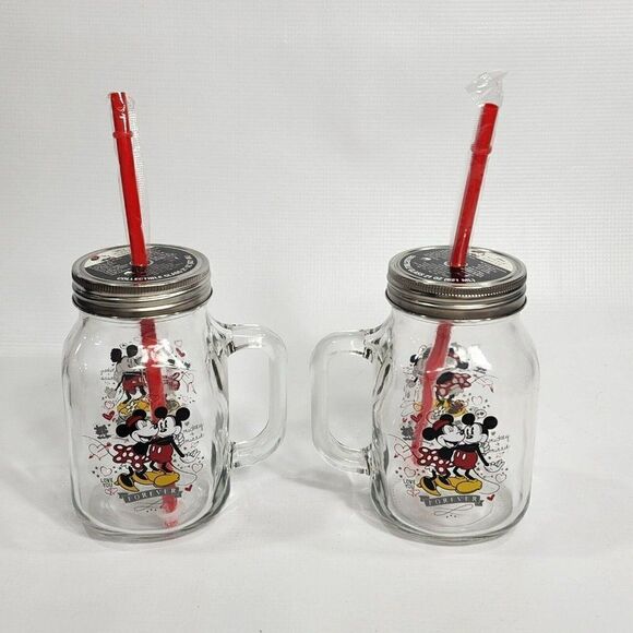2 Disney Collectible 21 oz Glass Mason Jar Minnie & Mickey ❤️Forever w Straw Lid - Picture 7 of 10